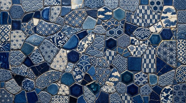 Blue and white ceramic tile mosaic with traditional Japanese oriental patterns for background, textile, and interior decor design.