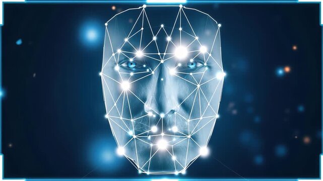 A digital representation of a human face with a glowing grid overlay, suggesting facial recognition technology and AI