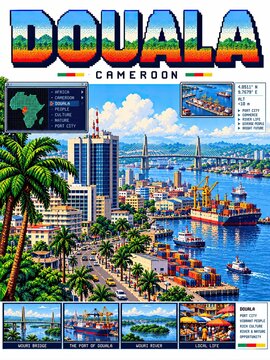 Pixel art illustration of Douala, Cameroon, showing a busy port, container ships, waterfront skyline, palm-lined streets, and bridge under a bright sky.
