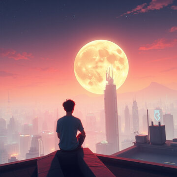 Nostalgic lo-fi chillwave album cover with city skyline at sunset