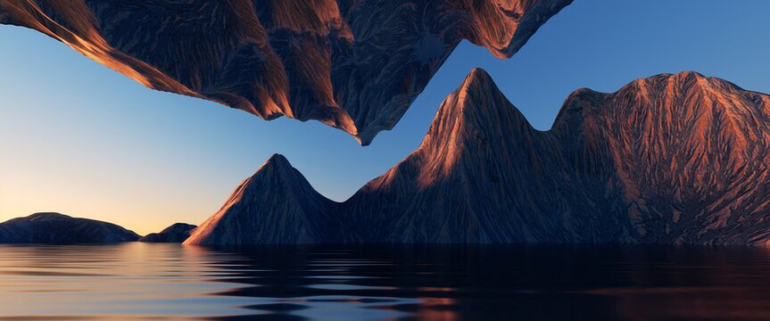Surreal landscape with inverted mountains hanging from the sky above a calm dark lake at sunset, digital art composition
