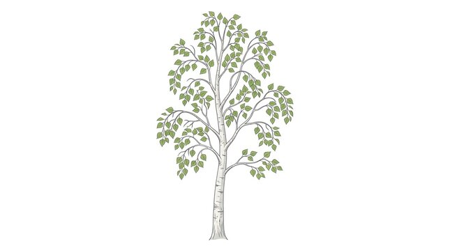 Hand drawn illustration of a birch tree with green leaves.