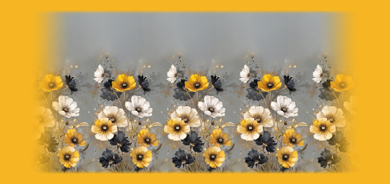 Watercolor Floral Dupatta Design with Blooming Poppies Border on Grey and Yellow Background