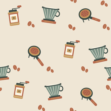 Seamless coffee brewing pattern with grinder dripper and beans