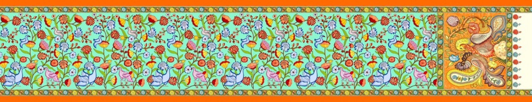 Traditional Indian Kalamkari Saree Design with Birds in Floral Garden Border and Mango Orange Pallu