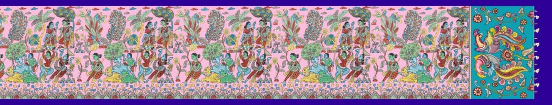 Traditional Indian Folk Art Saree Design with Krishna Raas Leela Village Scene and Cyan Peacock Pallu