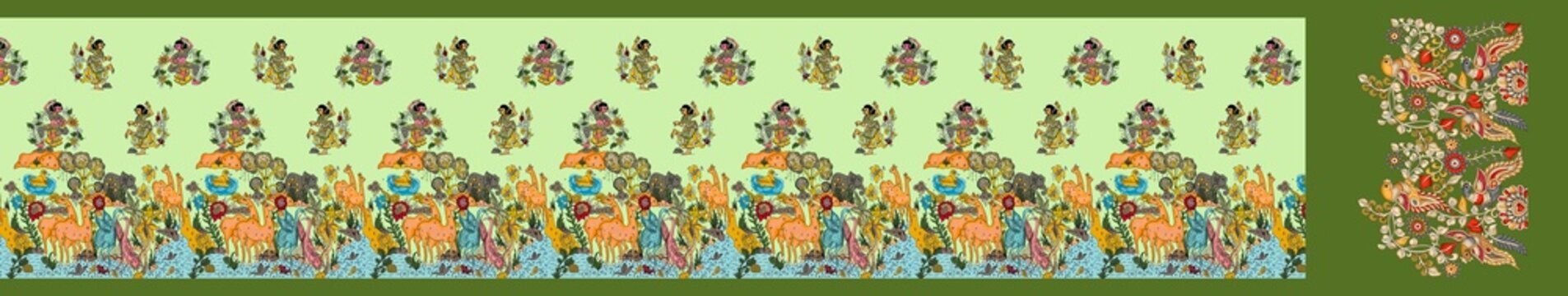 Traditional Shikargah Saree Design with Wildlife Fauna Border, Floral Buta Body, and Olive Green Pallu