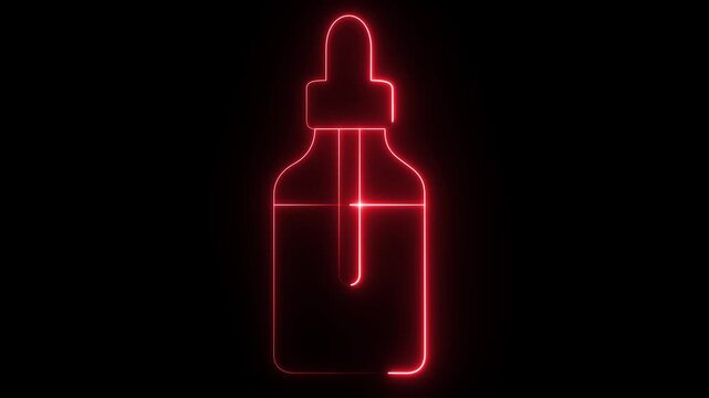 A red neon-style vector outline of a dropper bottle&mdash;commonly used for vape e-liquid, facial serum, or liquid medication&mdash;against a dark background.