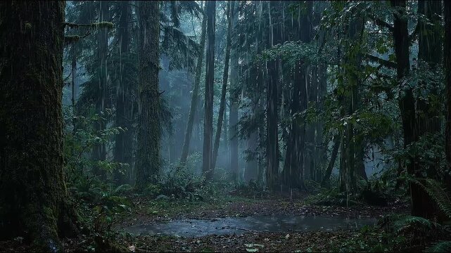 Heavy rain falling in a dark moody forest with tall pine trees and a