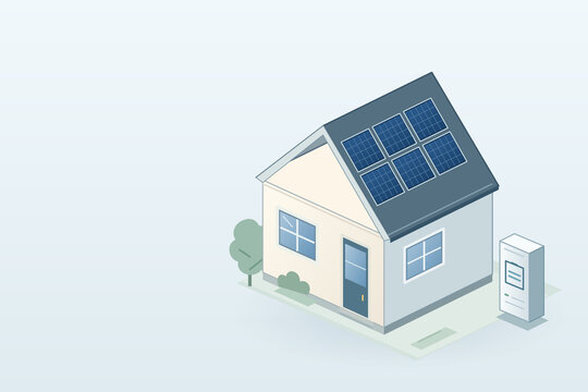 Solar house with battery storage illustration and copy space