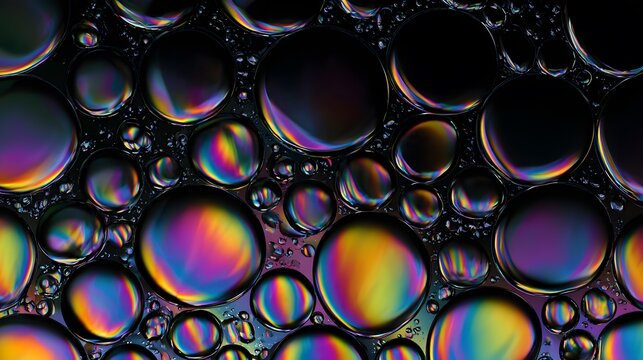 Iridescent oil bubbles on dark water surface in seamless pattern