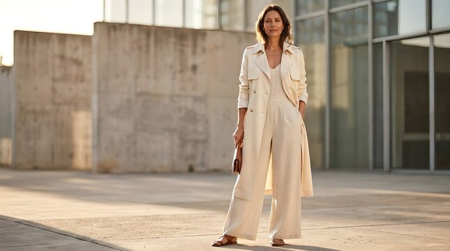 High-end fashion editorial photograph of a stylish adult woman wearing an elegant modern neutral outfit, standing in a sophisticated minimalist urban environment, natural confident pose, realistic fab