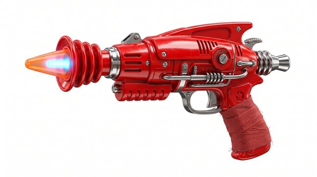 Vibrant red retro ray gun with a glowing muzzle a classic science fiction toy isolated on a white background perfect for nostalgic themes or futuristic concepts