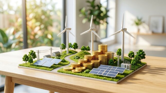A miniature model of a sustainable energy system with wind turbines, solar panels, and piles of coins on a grassy patch with a house and trees in the background.