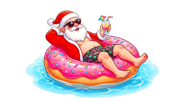 Santa Claus Relaxing on a Giant Donut Float for Playful Christmas and Summer Holiday Designs