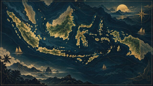 Vintage illustrated map of Indonesia's archipelago surrounded by ocean, with tropical islands, sailing ships, mountains, moonlight, and a decorative compass rose.
