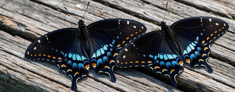 Macro view of two swallowtail butterflies resting on old weathered wood. Black wings with blue, orange spots show detailed patterns. Colorful insects sit together on rustic timber surface in nature.