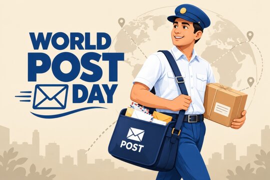 Postman with mailbag during World Post Day celebration against stylized globe and cityscape