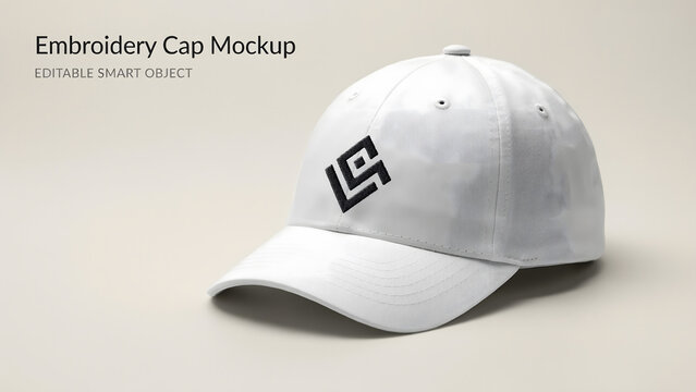 White embroidered cap mockup with black geometric logo design on clean beige background.