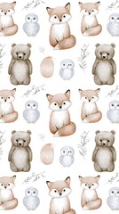Fototapeta premium Hand drawn woodland animals pattern with fox bear and owl
