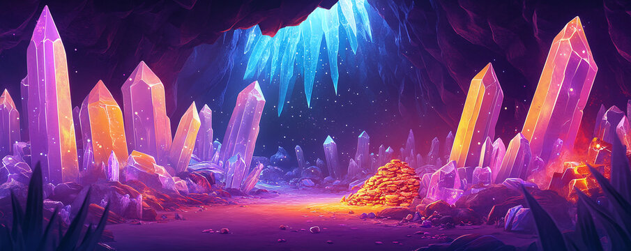 Magical underground crystal cave with glowing purple and orange gemstones, sparkling icicles, mysterious cavern landscape, fantasy treasure room illustration, bright colorful fantasy world concept bac