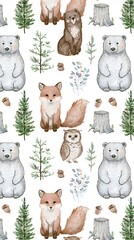 Fototapeta premium Woodland animals pattern with foxes bears and owls on white