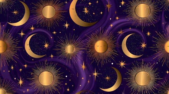Gold celestial moon and sun pattern on purple cosmic background