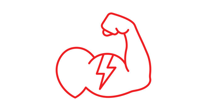 A red line drawing depicts a muscular arm with lightning bolt detail on a white background biceps muscle