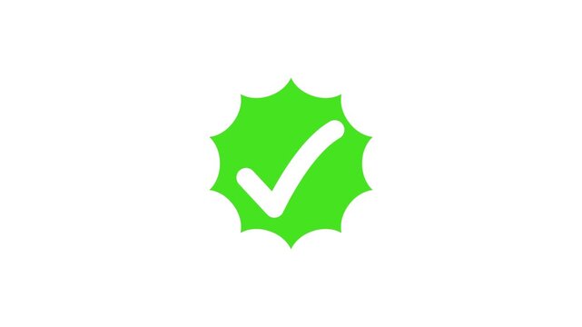 Green approval badge with white check mark animation, Bright green spiky approval badge with a white check mark centered on a clean white background.