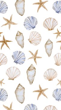 Watercolor seashell and starfish pattern on white background