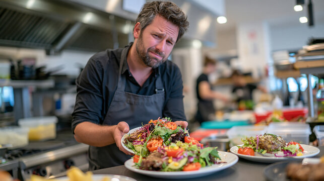 unhappy restaurant kitchen worker accidentally placing the wrong ingredients into a fast food order, looking frustrated and worried, busy commercial kitchen with grills, food containers and preparat