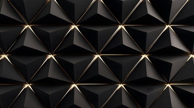 Seamless pattern of black geometric pyramid with gold trim