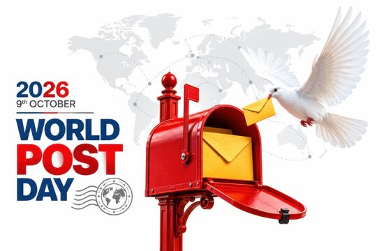 Red mailbox with dove delivering envelope during World Post Day celebration with global map background