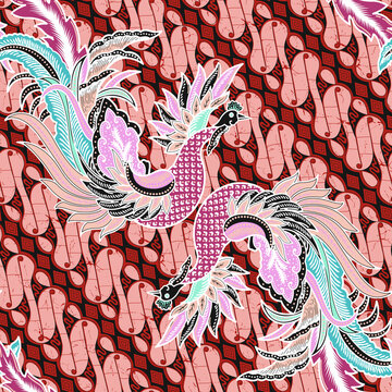 Traditional seamless Indonesian batik pattern with phoenix bird and parang motifs
