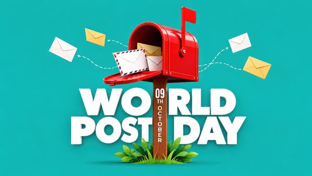 Red mailbox with envelopes during World Post Day celebration with bright lighting and green foliage