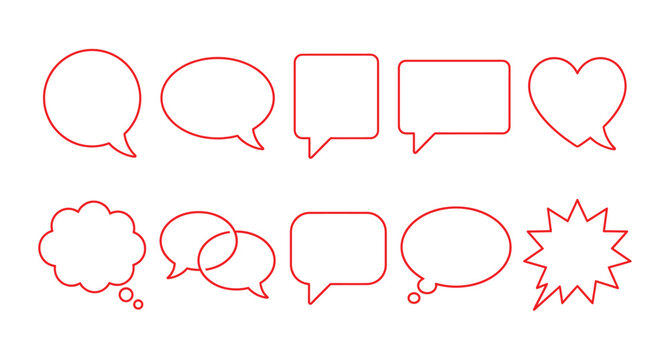 Collection of red line style speech bubbles and thought balloons on a white background chat communication conversation dialogue