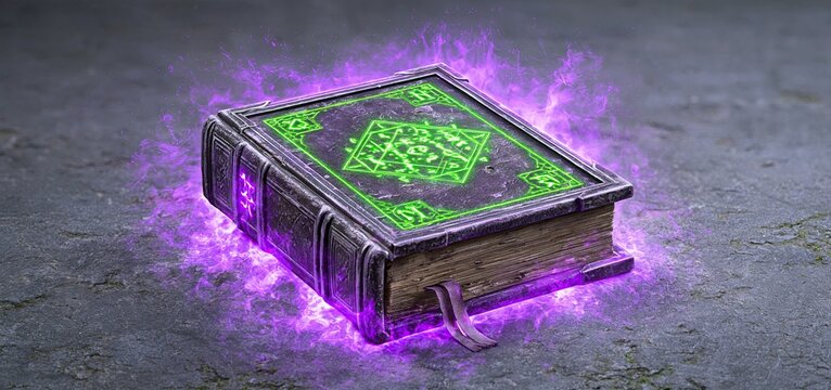 Ancient spellbook rests on weathered stone, surrounded by luminous green runes and swirling purple mist for a spooky Halloween atmosphere.