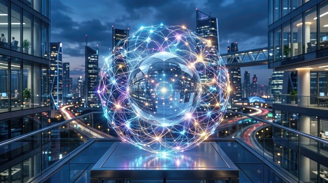 A futuristic, glowing, spherical object with interconnected lines and dots against a cityscape background.