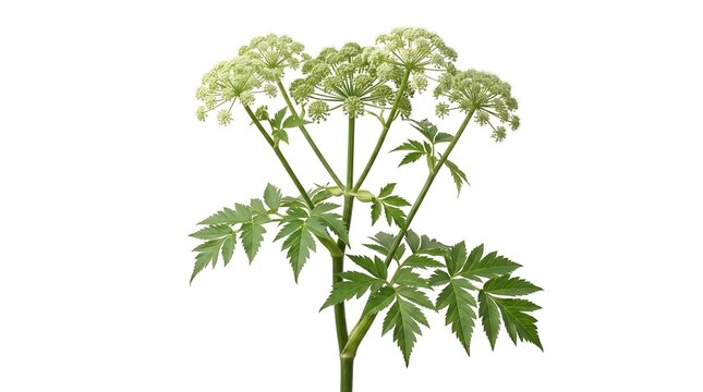 Fresh green angelica plant with white flower umbels isolated on white background.