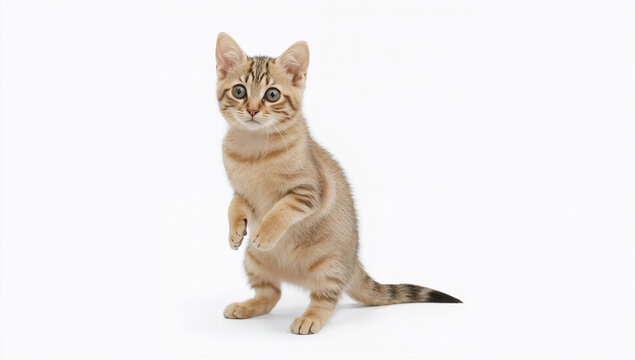 白い背景で後ろ足で立ち上がるしま模様の子猫