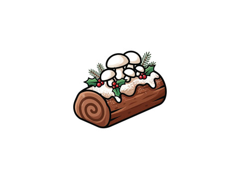 Decorated Christmas Yule Log Cake With Icing Mushrooms Holly Berries And Evergreen Sprigs Vector Illustration