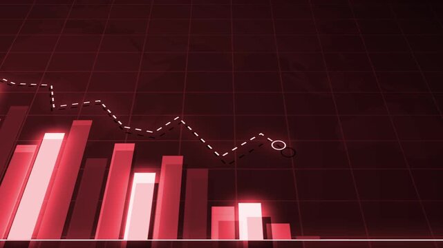 Declining bar chart with downward trend, Blue bar chart with falling line graph decline in business data, finance performance and analytics animation