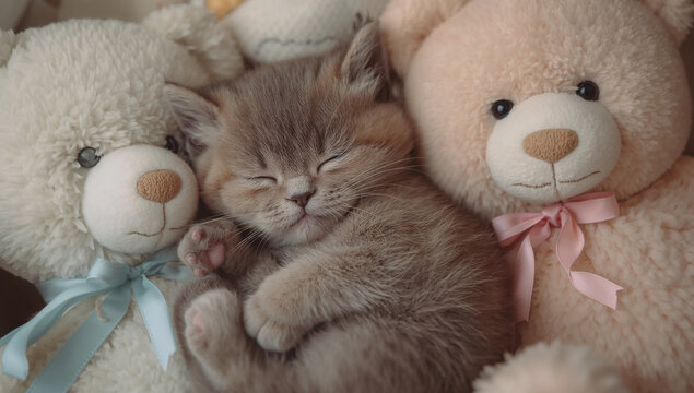 二つのクマのぬいぐるみの間で眠る子猫