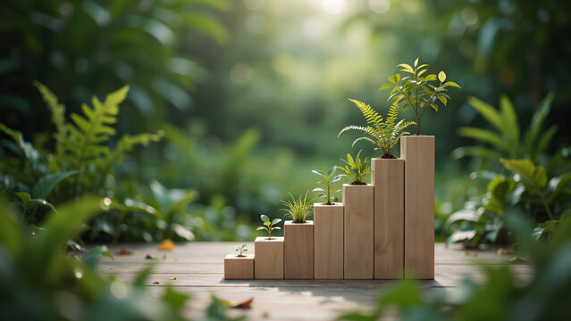Wooden blocks forming rising bar chart with growing plants showing eco business progress.