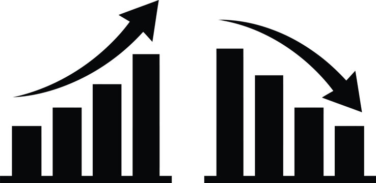Growth and decline bar chart icon vector, black business graph with upward and downward arrows, financial growth and loss infographic symbol set