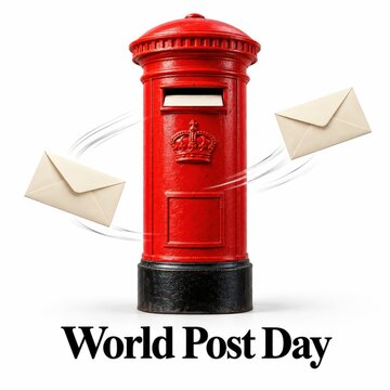 Red post box with envelopes during World Post Day celebration against a clean backdrop