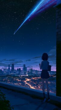 Anime girl on rooftop looking at comet over city skyline