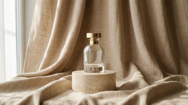A perfume bottle on a stone stand with a beige curtain in the background.