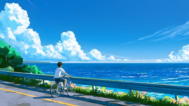 Boy riding bicycle along coastal road by blue ocean under clouds