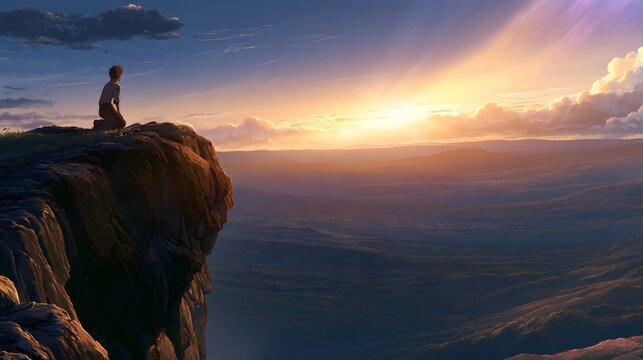 Anime figure kneeling on cliff edge overlooking valley at sunset